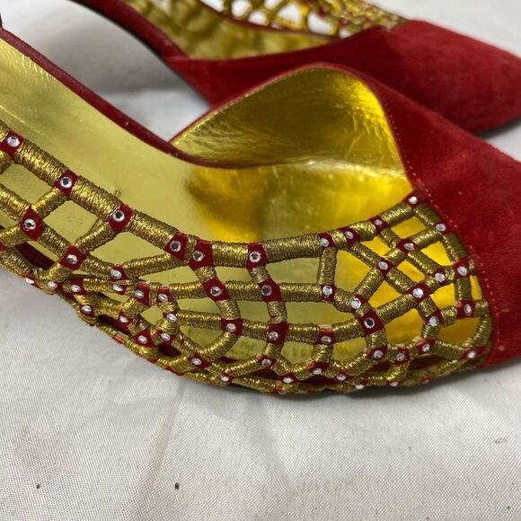 Vintage Mario Giordano Shoes Womens Size 5.5 Red Gold Sling Back 3" Heels - Picture 3 of 8